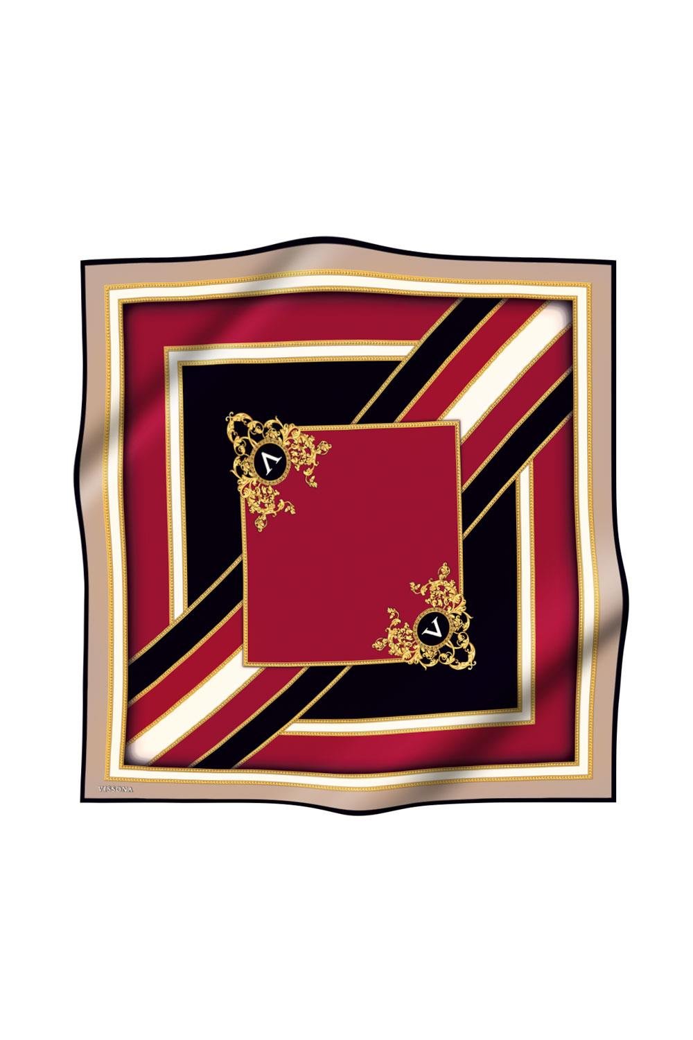 %100 Twill İpek Baroklu Ve Geometrik Desenli Bordo - Bej Renkli 90x90 Eşarp Dikim Şekli : El Dikişi