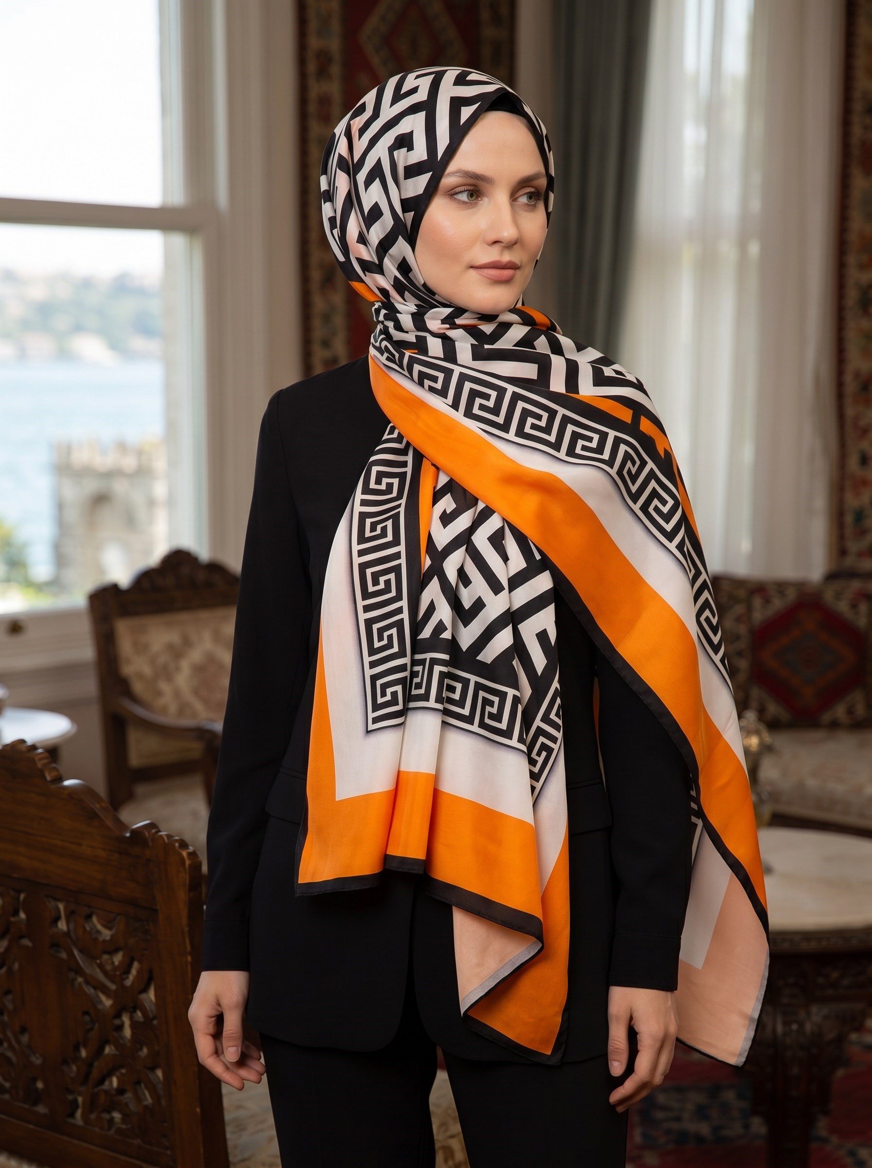 %100 Saf İpek Şal İnce Saten Vual Dokuma Geometrik Desenli 90x210 Şal