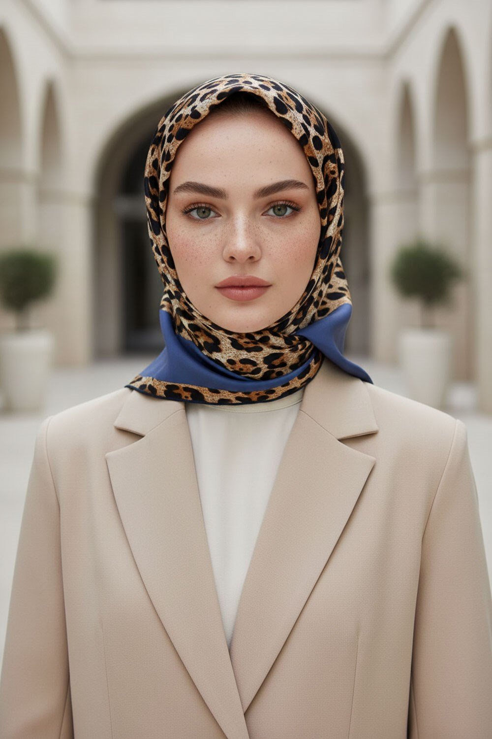 %100 Twill İpek Leopar Desenli İndigo Renkli 90x90 Eşarp Dikim Şekli : El Dikişi