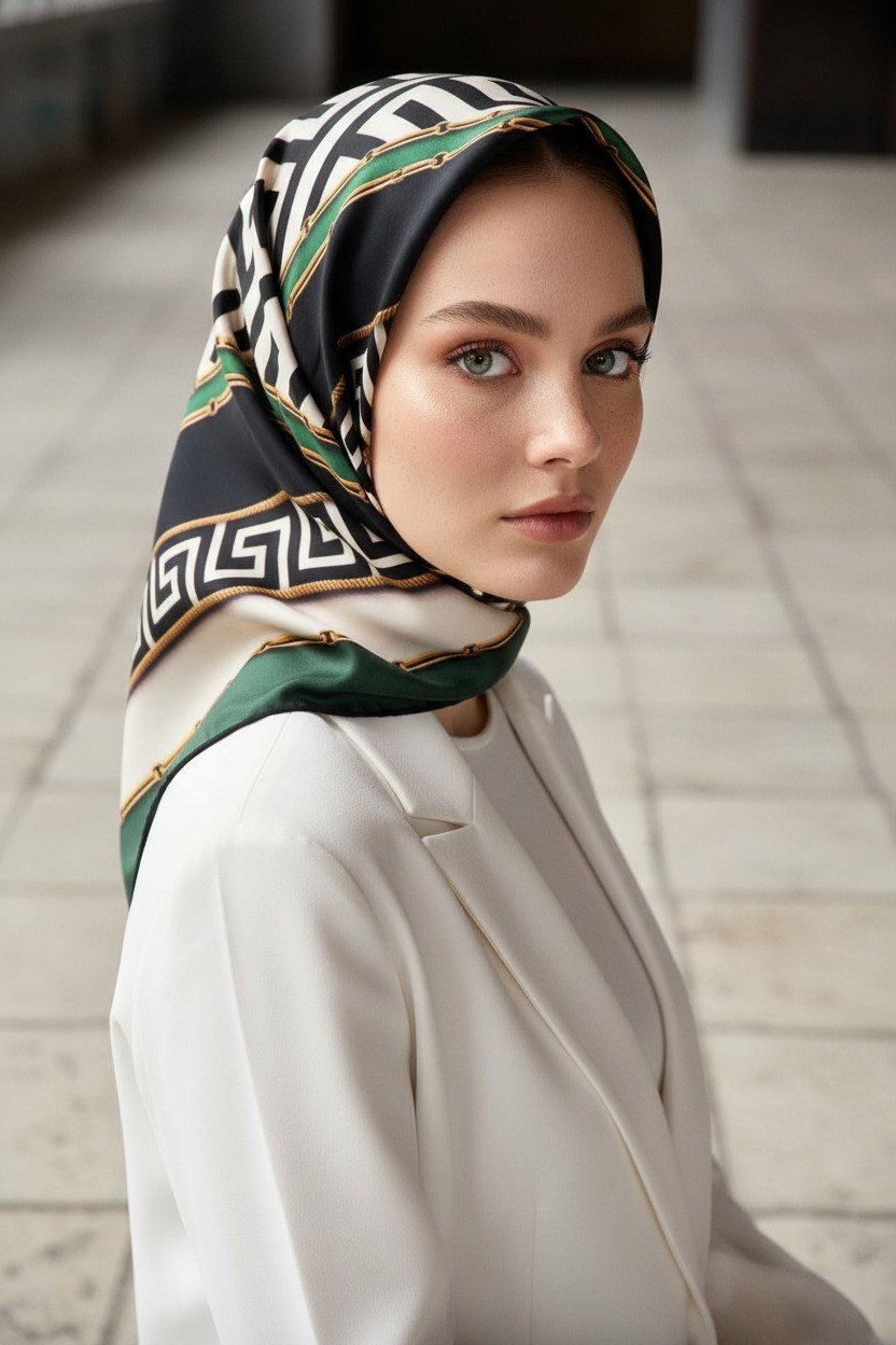 %100 Twill İpek Labirent Ve Geometrik Desenli Zümrüt Yeşili - Siyah Renkli 90x90 Eşarp Dikim Şekli : El Dikişi