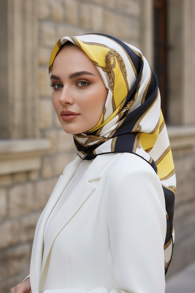 %100 Twill İpek Kemer Desenli Siyah - Limon Sarısı Renkli 90x90 Eşarp Dikim Şekli : El Dikişi