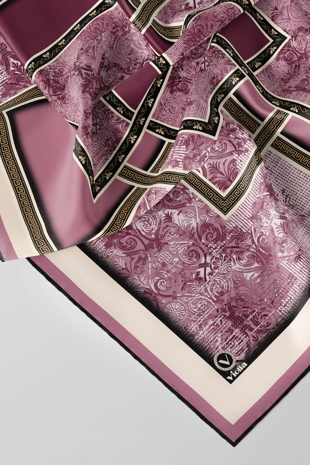 Twill Geometrik Desenli Mürdüm Renkli 90x90 Eşarp (İpek İçermez) Kenar Dikiş Şekli El Dikişli
