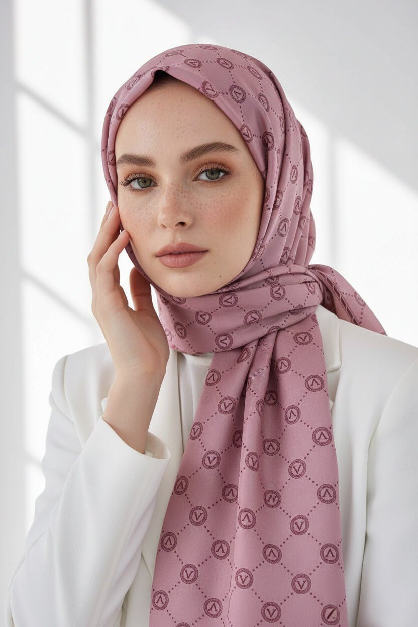 %100 Saf İpek Şal İnce Saten Vual Dokuma V Logo Desenli Gül Kurusu Renkli 90x210 Şal