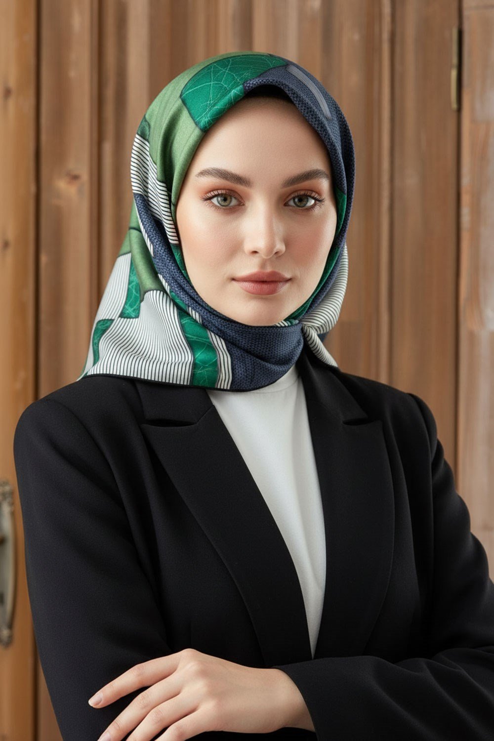 %100 Twill İpek Geometrik Desenli Siyah - Zümrüt Yeşili Renkli 90x90 Eşarp Dikim Şekli : El Dikişi