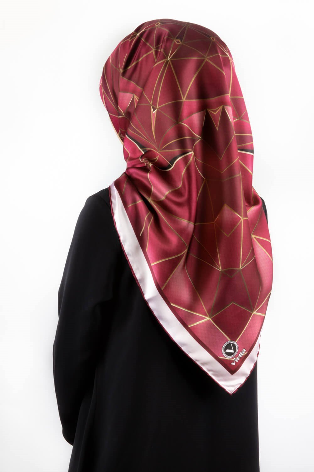 Twill Geometrik Desenli Mürdüm Renkli 90x90 Eşarp (İpek İçermez) Kenar Dikiş Şekli El Dikişli