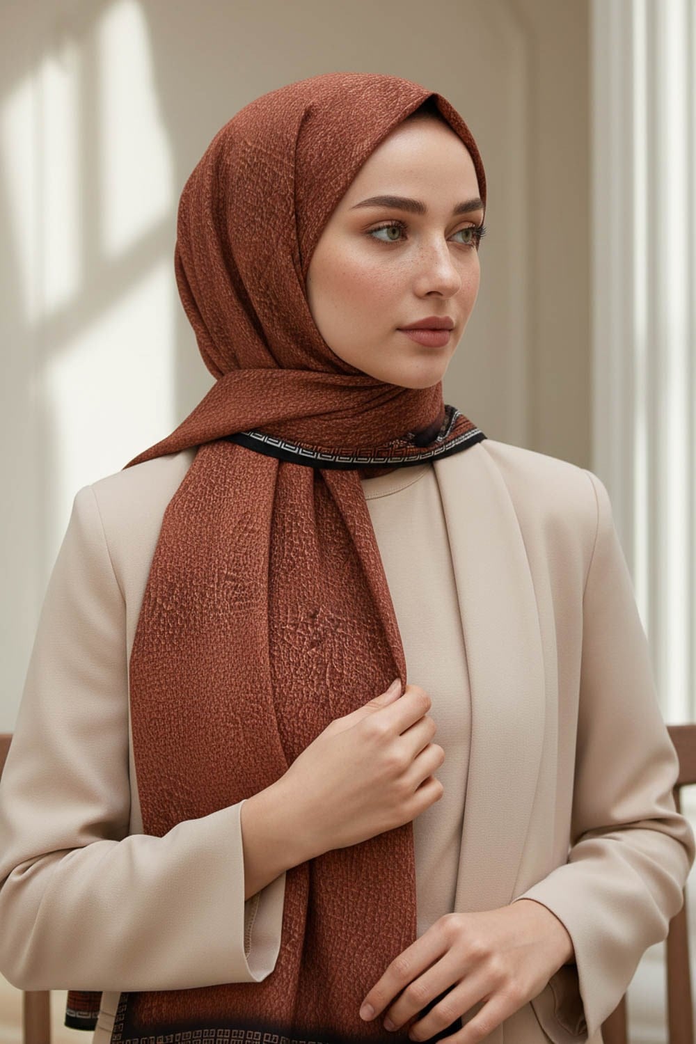 KREP DESENLİ TABA RENKLİ 75X195 KIRIŞMAZ ŞAL