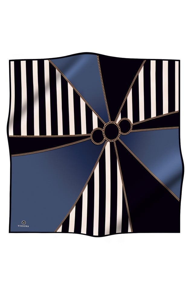 %100 Twill İpek Zincirli Çizgi Desenli Siyah - İndigo Renkli 90x90 Eşarp Dikim Şekli : El Dikişi