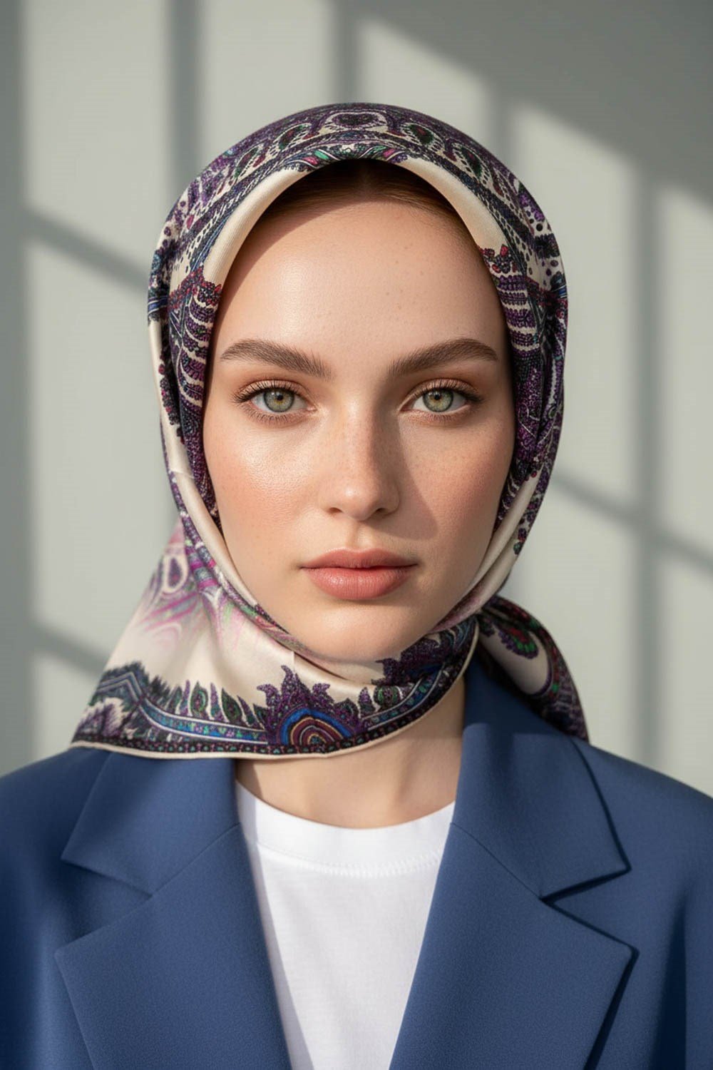 %100 Twill İpek Şal Desenli Krem Renkli 90x90 Eşarp Dikim Şekli : El Dikişi