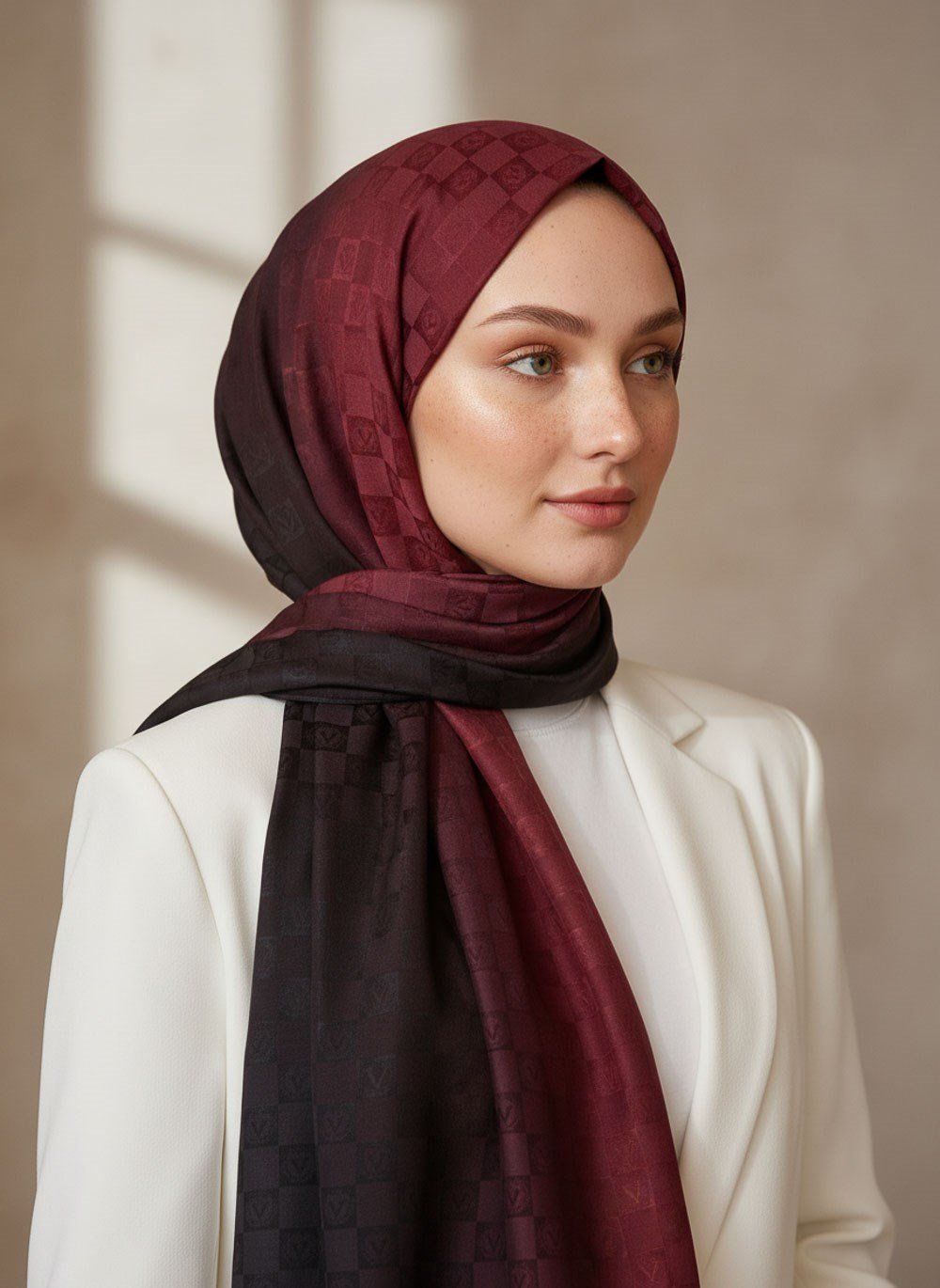Vissona %57 İPEK %43 PAMUK Degrade Desenli Bordo - Siyah Renkli Şal -  70x190 Dikiş Tipi İtalyan Dikişli