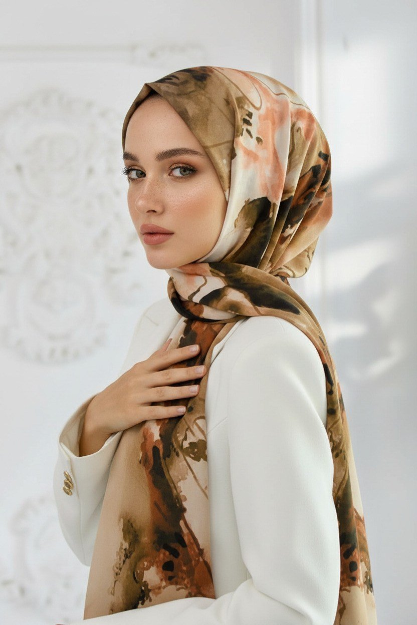 KREP SULU BOYA YAPRAK DESENLİ VİZON RENKLİ 75X195 KIRIŞMAZ ŞAL