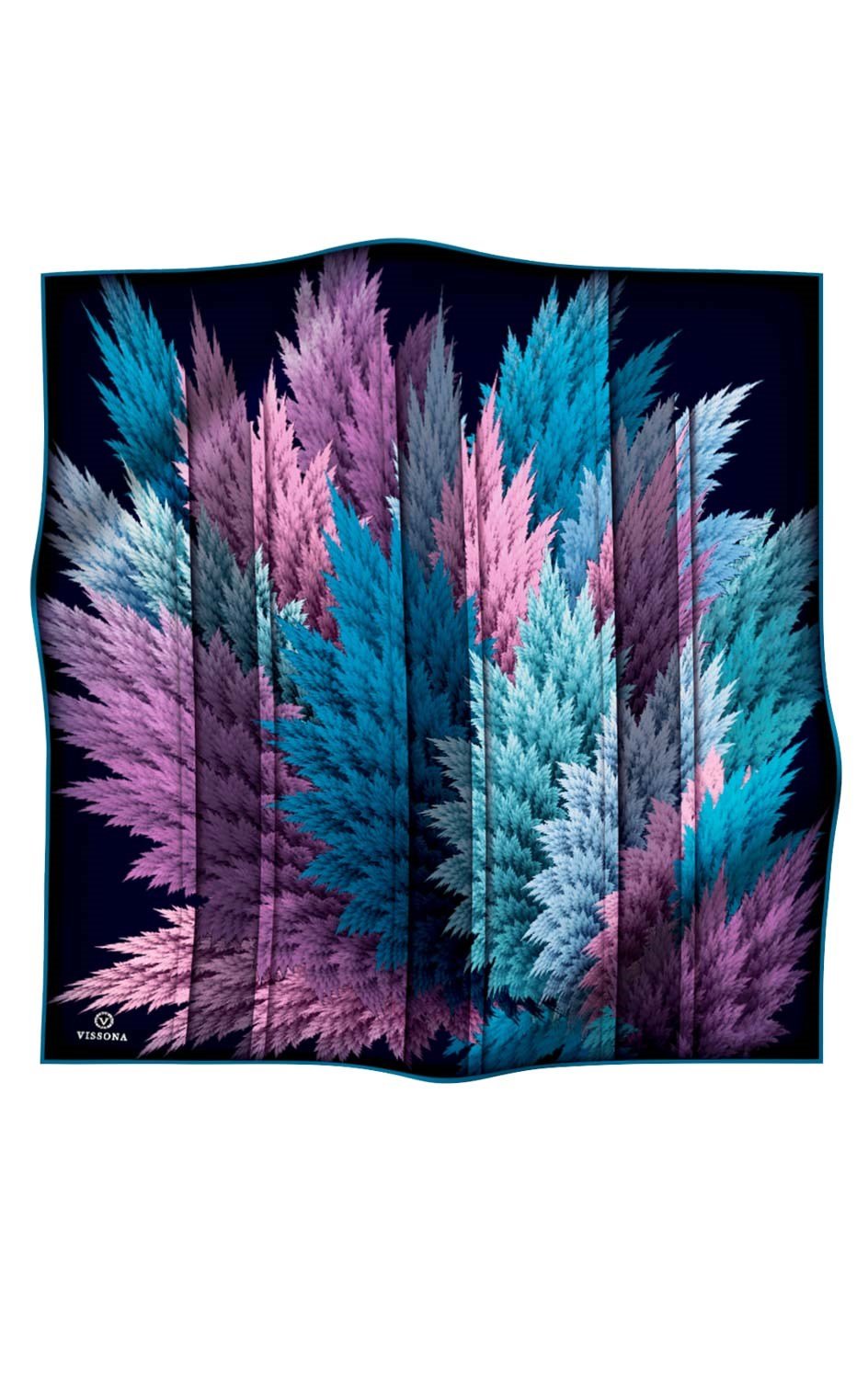 %100 Twill İpek Yaprak Desenli Lacivert - Petrol Mavisi Renkli 90x90 Eşarp Dikim Şekli : El Dikişi