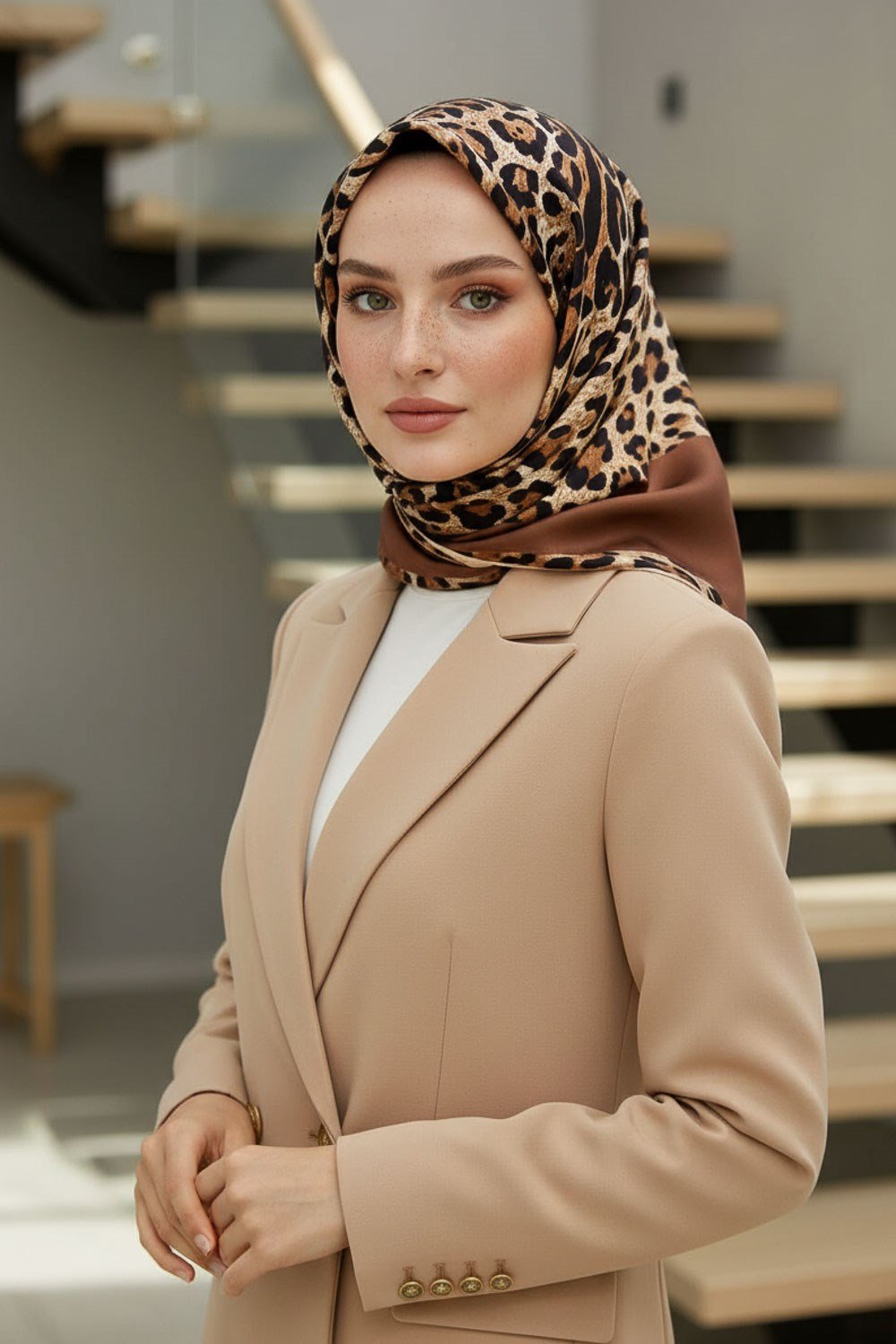 %100 Twill İpek Leopar Desenli Sütlü Kahve Renkli 90x90 Eşarp Dikim Şekli : El Dikişi