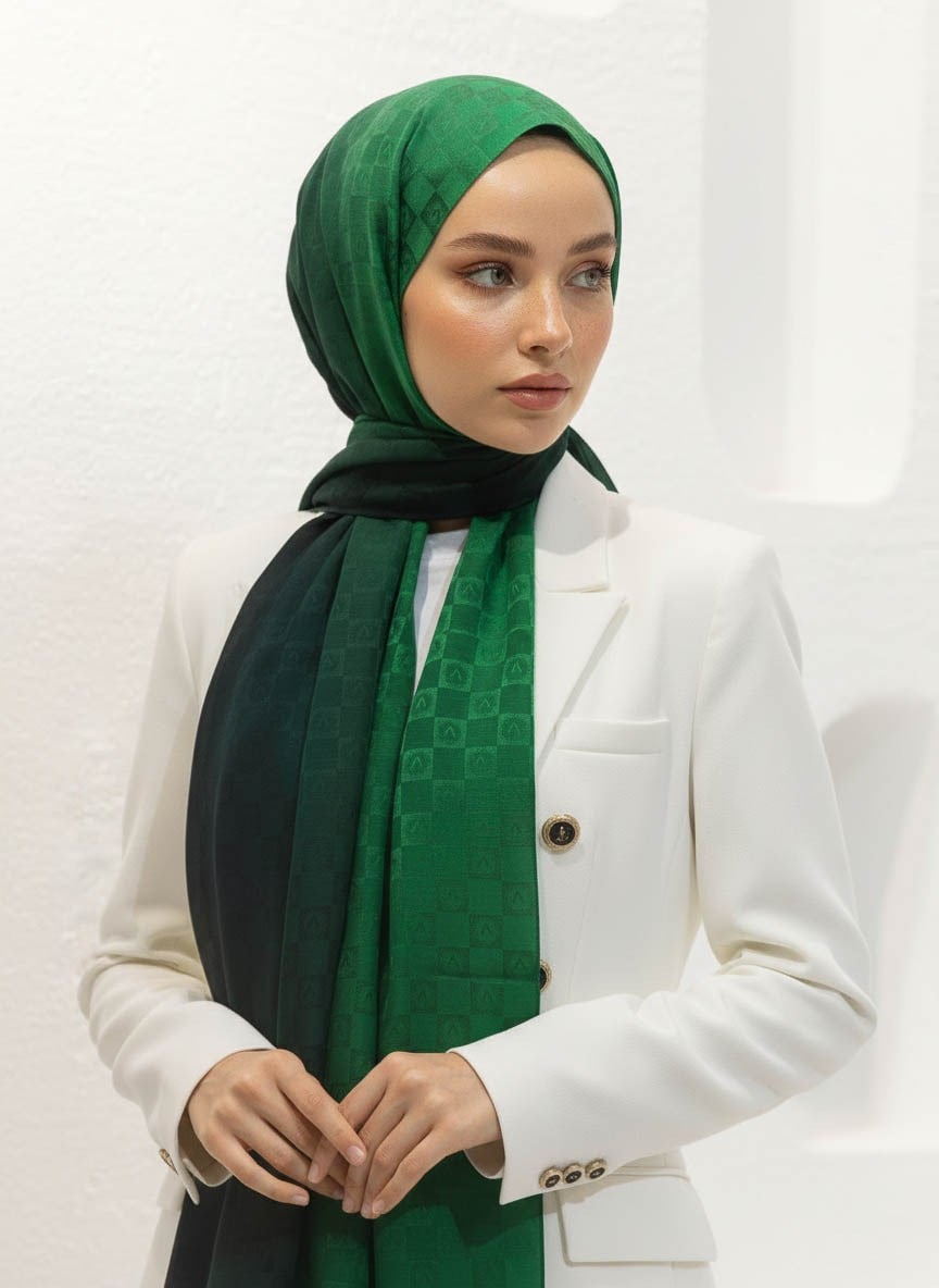 Vissona %57 İPEK %43 PAMUK Degrade Desenli Zümrüt Yeşili Renkli Şal -  70x190 Dikiş Tipi İtalyan Dikişli