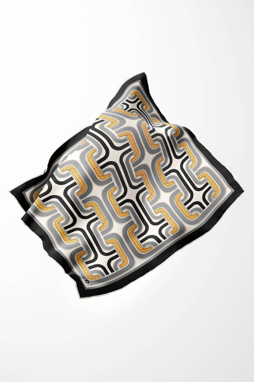 Twill Geometrik Zincir Desenli Gümüş Renkli 90x90 Eşarp (İpek İçermez) Kenar Dikiş Şekli El Dikişli