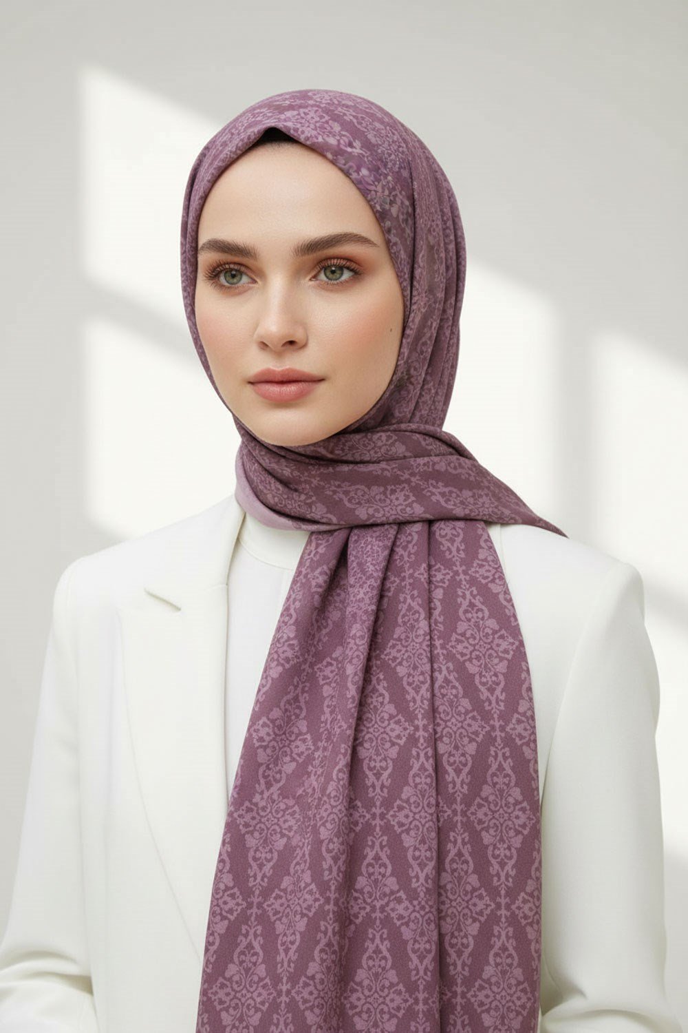 KREP BAROK DESENLİ PUDRA RENKLİ KIRIŞMAZ ŞAL