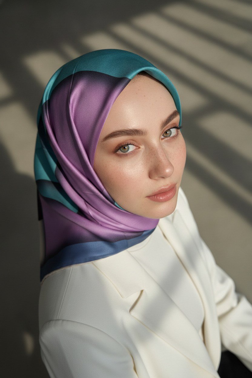 %100 Twill Renk Bloklu Çizgili Desenli Lila - İndigo Renkli 90x90 Eşarp Dikim Şekli: El Dikişii