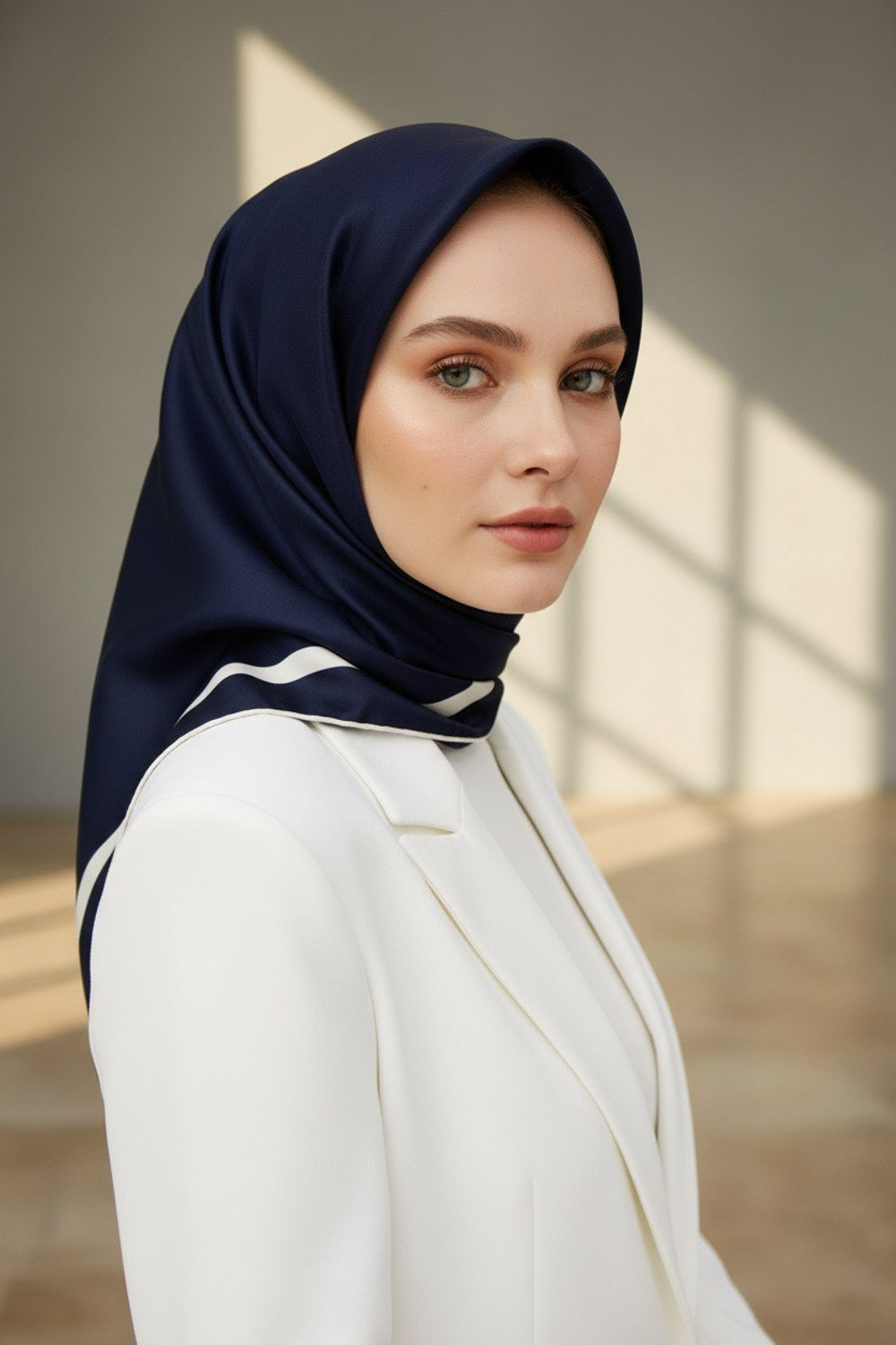 100% Twill İpek Düz Renk Bordür Desenli Lacivert - Krem Renkli Daha Tok Exclusive Serisi 90x90 Dikim Şekli : El Dikişi Eşarp