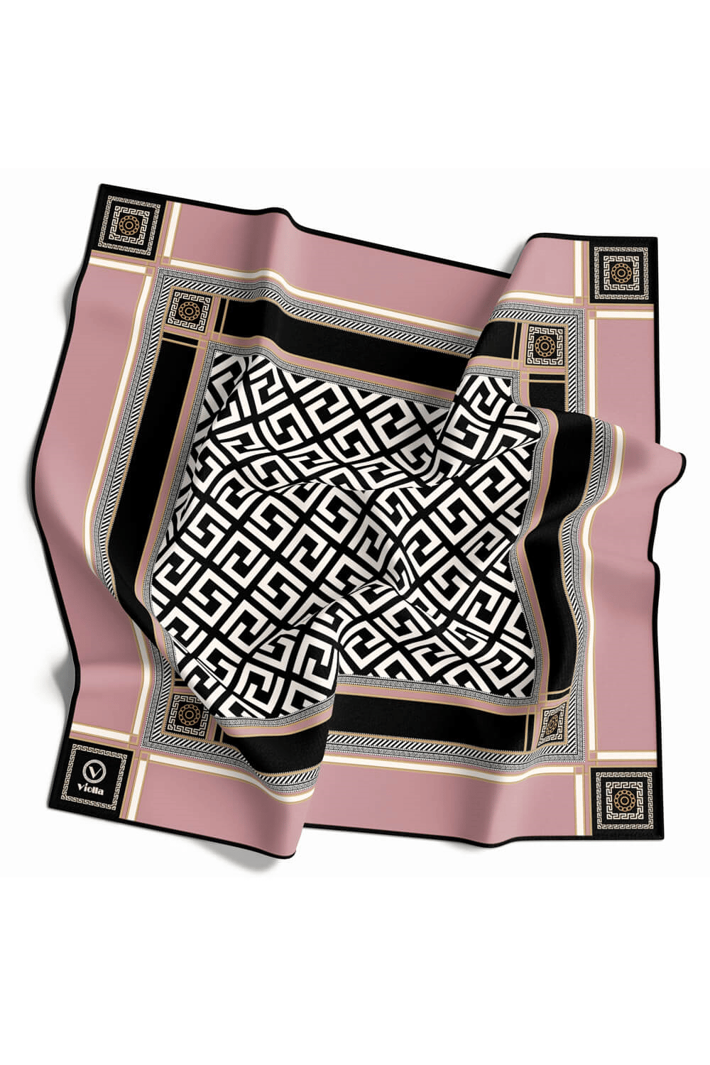 Twill Antik Desenli Pudra Renkli 90x90 Eşarp (İpek İçermez) Kenar Dikiş Şekli El Dikişli