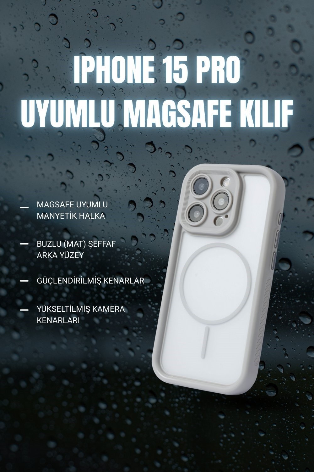 iPhone 15 Pro Kılıf – Kamera Korumalı – MagSafe Uyumlu – Gri Renk – Mat Silikon Telefon Kılıfı