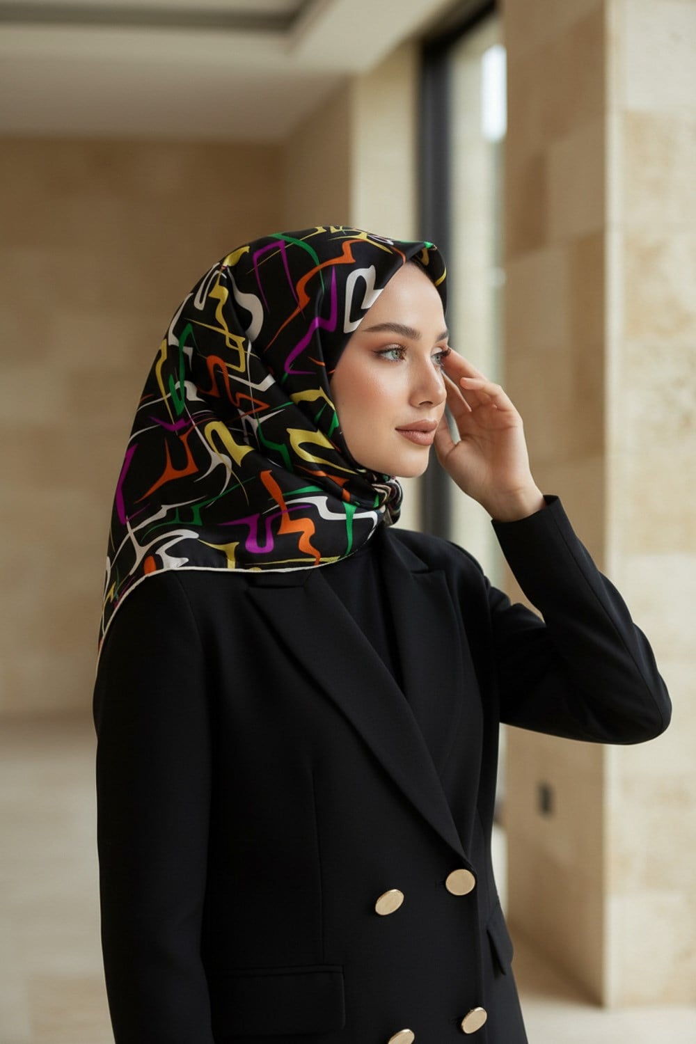 %100 Twill İpek Soyut Geometrik Desenli Fuşya - Sarı Renkli 90x90 Eşarp Dikim Şekli : El Dikişi