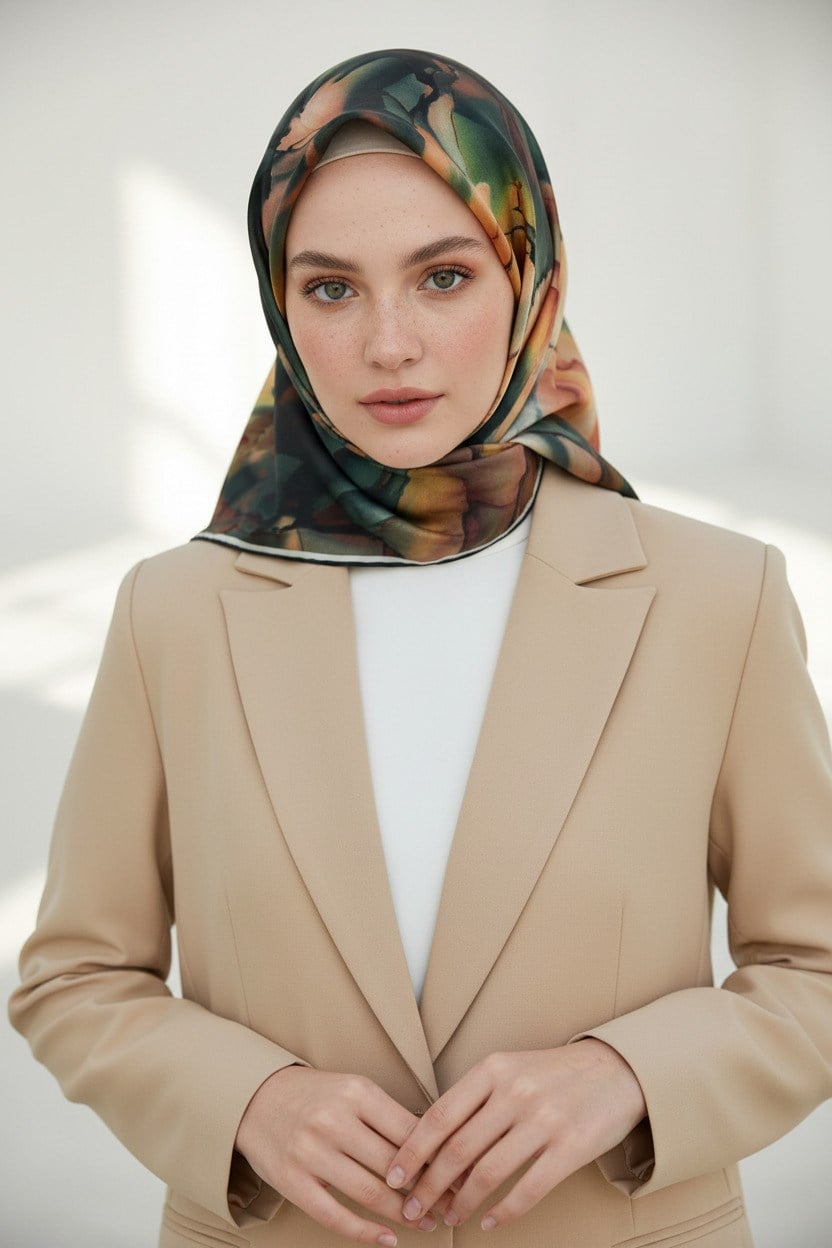 %100 Twill İpek Batik Çiçek Desenli Zümrüt Yeşili - Hardal Renkli 90x90 Eşarp Kenar Dikiş Şekli El Dikişli