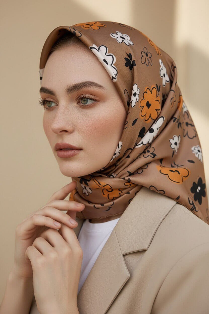 Rayon Papatya Desenli Bej Renkli 90x90 Eşarp (İpek İçermez) Kenar Dikiş Şekli El Dikişli