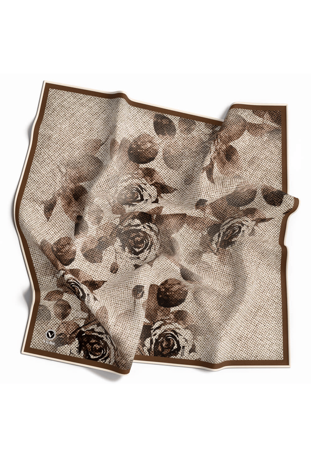 Twill Gül Desenli Bej Renkli 90x90 Eşarp (İpek İçermez) Kenar Dikiş Şekli El Dikişli