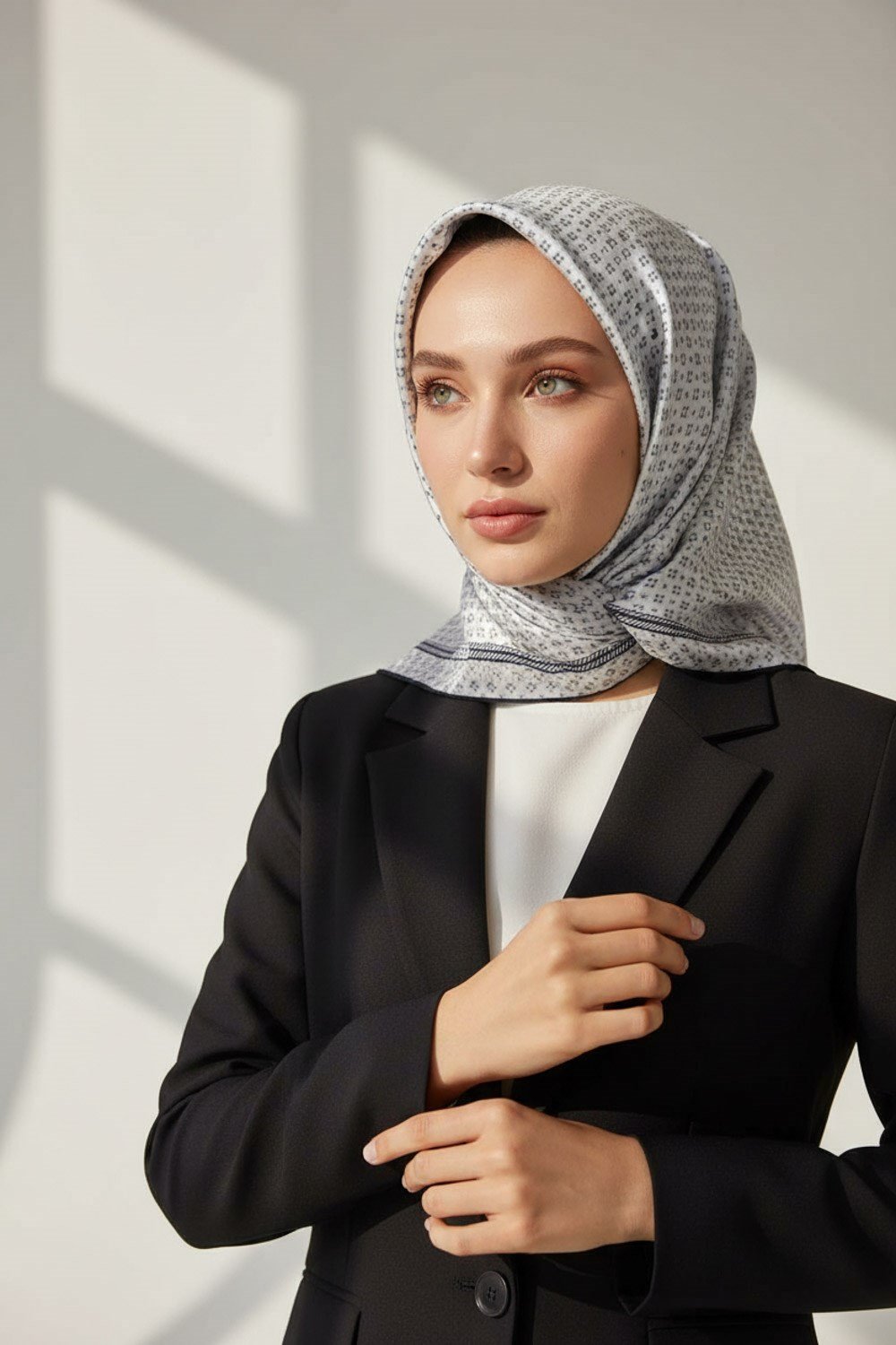 %100 Twill İpek Zincir Desenli Gümüş - Siyah Renkli 90x90 Eşarp Dikim Şekli : El Dikişi