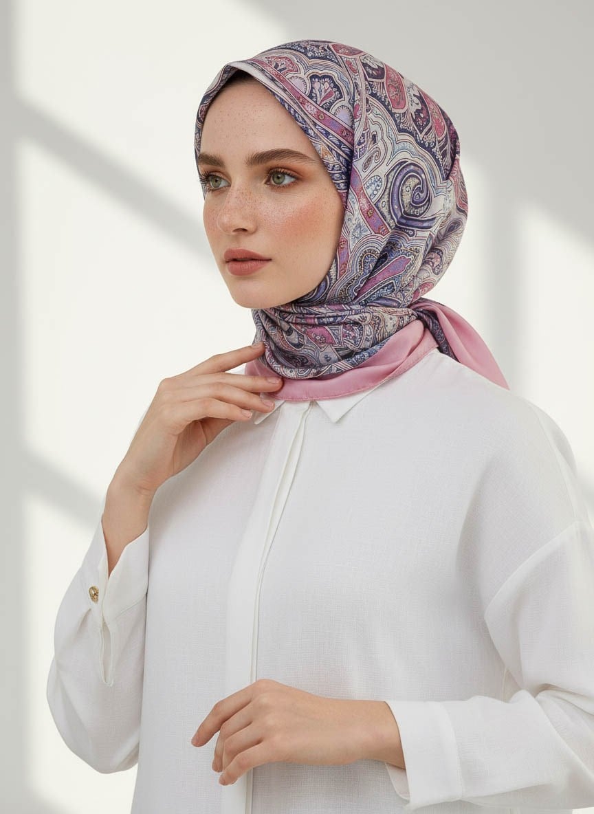 %100 Saf İpek Şal İnce Saten Vual Dokuma Etnik Desenli Pembe Renkli 90x210 Şal