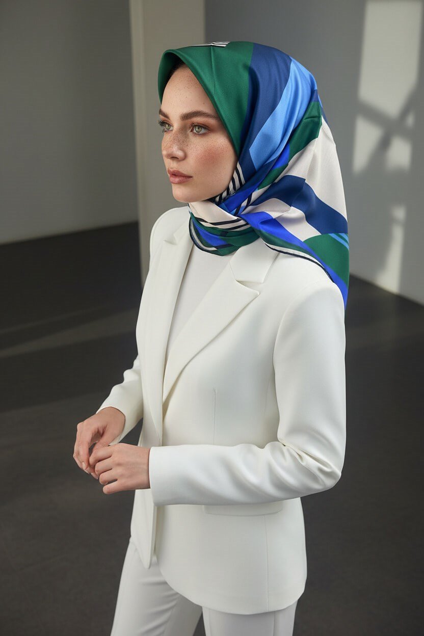 100% Twill İpek Geometrik Desenli Saks - Zümrüt Yeşili Renkli 90x90 Dikim Şekli : El Dikişi Eşarp