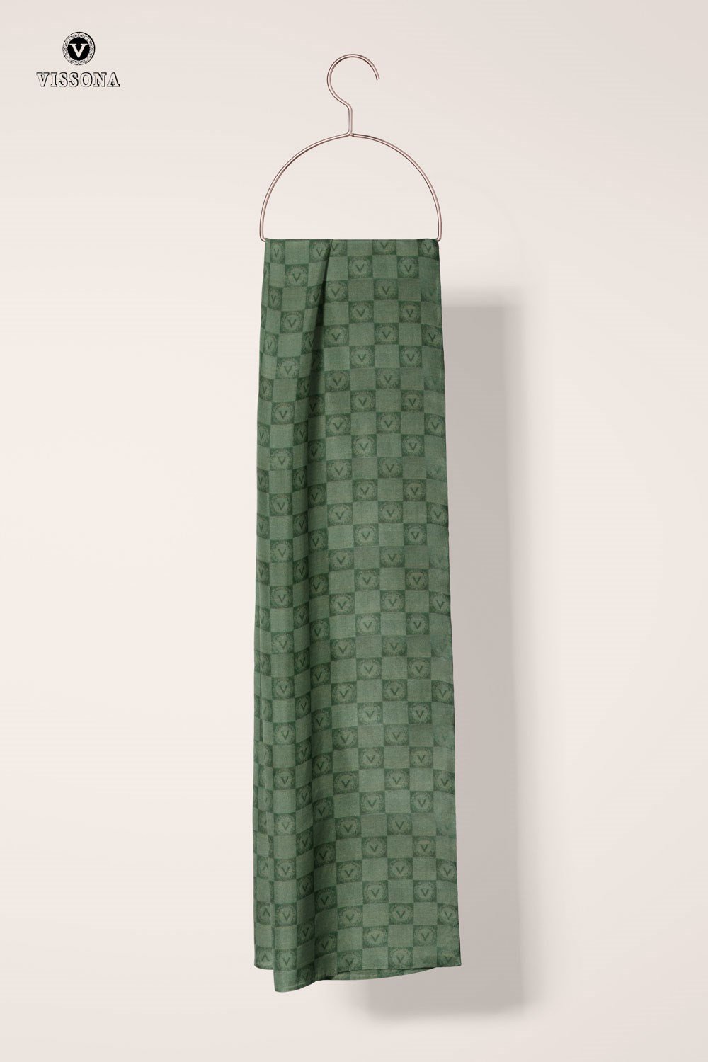 Vissona %57 İPEK %43 PAMUK Monogram Desenli Haki Yeşili Renkli Şal -  70x190 Dikiş Tipi İtalyan Dikişli