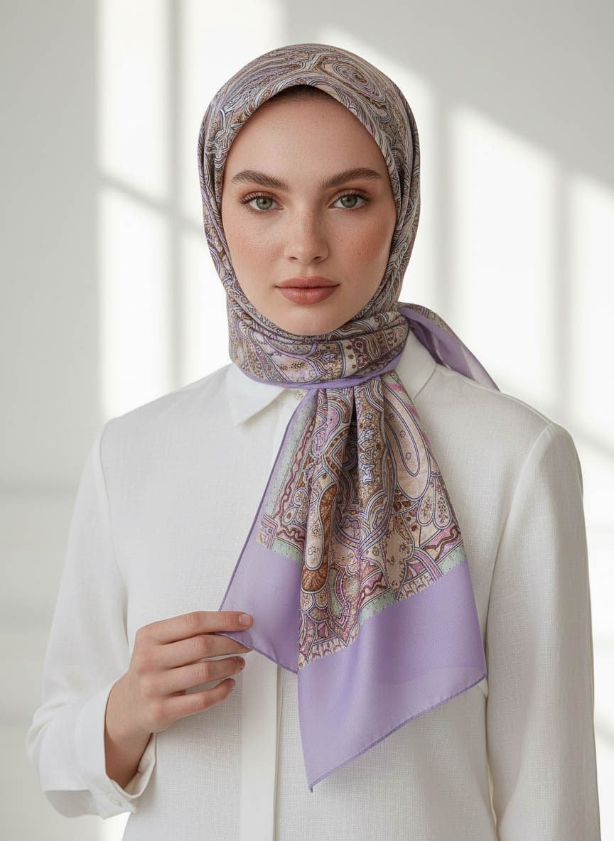 %100 Saf İpek Şal İnce Saten Vual Dokuma Etnik Desenli Lila - Bej Renkli 90x210 Şal
