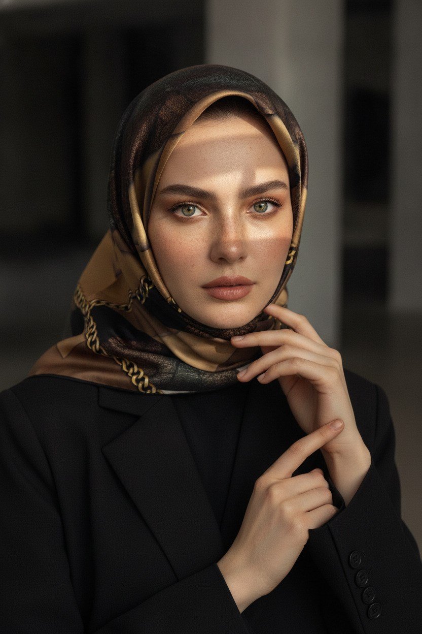 %100 Twill İpek Taş Efekti Desenli Hardal - Siyah Renkli 90x90 Eşarp Dikim Şekli : El Dikişi
