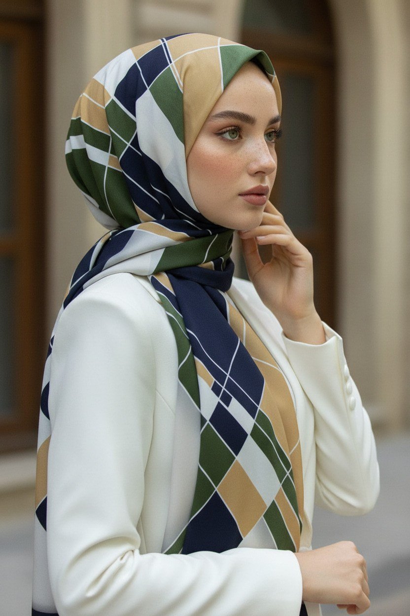 KREP GEOMETRİK DESENLİ HAKİ RENKLİ 75X195 KIRIŞMAZ ŞAL