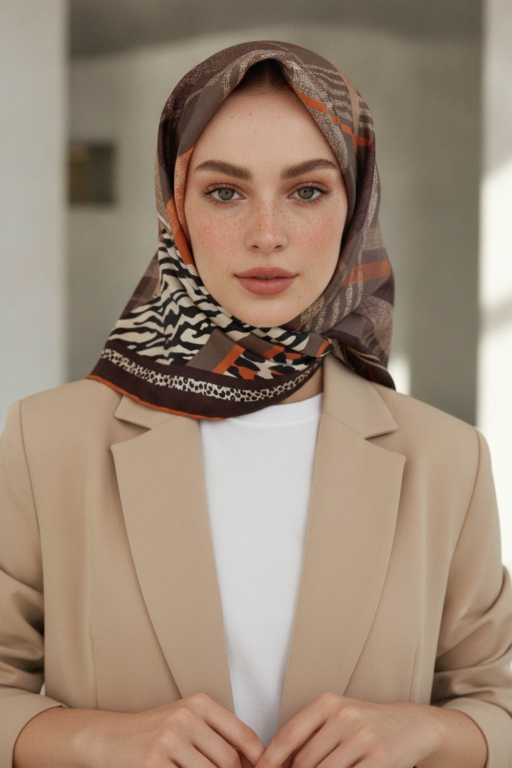 %100 Twill İpek Ekoseli Ve Leopar Desenli Bej - Taba Renkli 90x90 Eşarp Dikim Şekli : El Dikişi