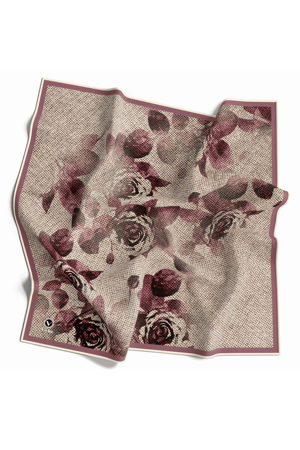 Twill Gül Desenli Pudra Renkli 90x90 Eşarp (İpek İçermez) Kenar Dikiş Şekli El Dikişli