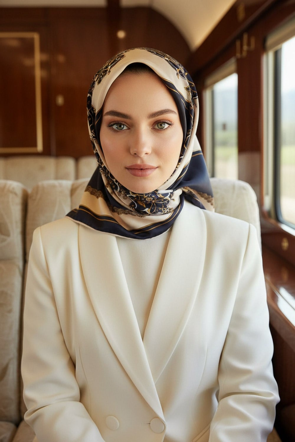 % 57 İPEK % 43 VİSKON Twill İpek Barok Desenli Lacivert - Krem Renkli 90x90 Eşarp Dikim Şekli : El Dikişi