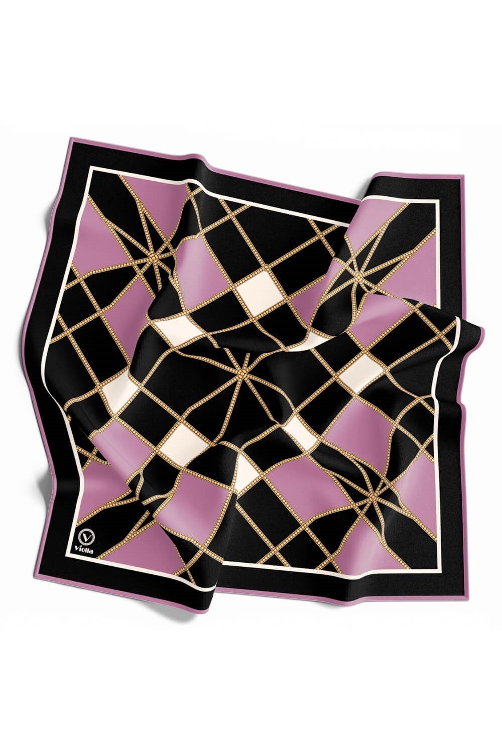 Twill Gold Detaylı Geometrik Çiçekli Desenli Lila Renkli 90x90 Eşarp (İpek İçermez) Kenar Dikiş Şekli El Dikişli
