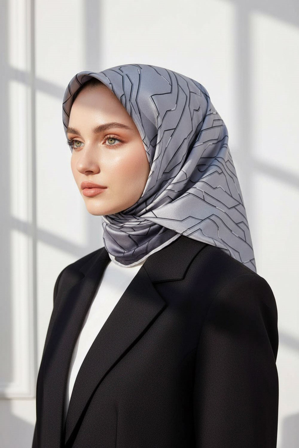 %100 Twill İpek Geometrik Desenli Gümüş Renkli 90x90 Eşarp Dikim Şekli : El Dikişi