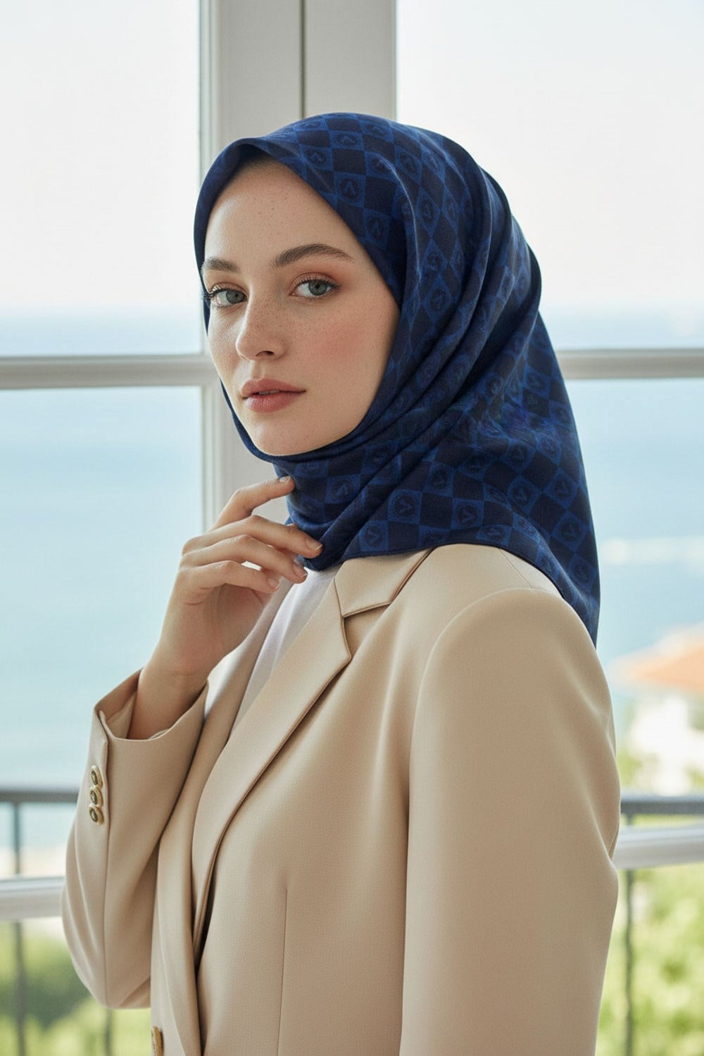 %57 İPEK % 43 VİSKON Twill İpek Monogram Desenli Lacivert Renkli 90x90 Eşarp Dikim Şekli : El Dikişi