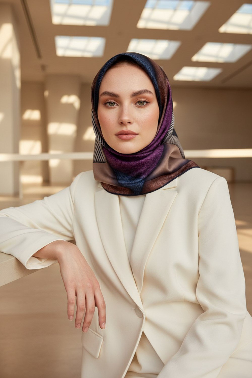 %100 Twill İpek Dokulu ve Geometrik Desenli Lacivert - Mürdüm Renkli 90x90 Eşarp Dikim Şekli : El Dikişi