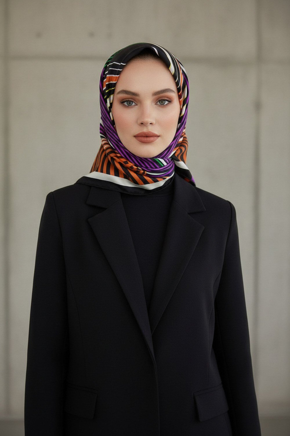 %100 Twill İpek Çizgili Desenli Turuncu - Fuşya Renkli 90x90 Eşarp Dikim Şekli : El Dikişi