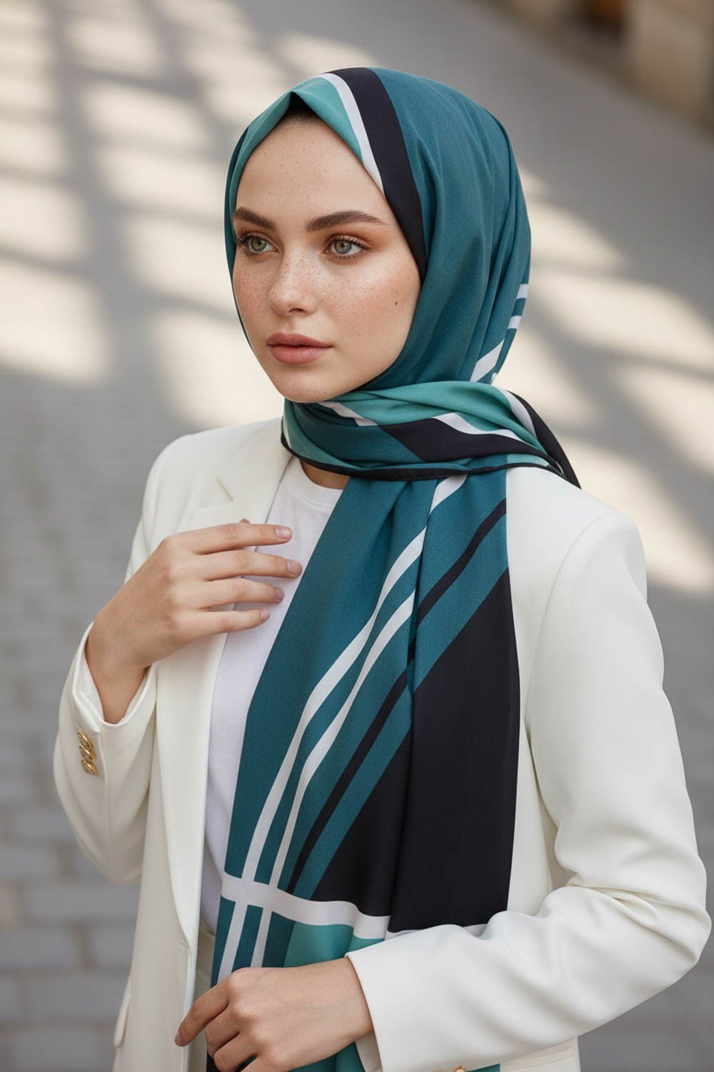 KREP GEOMETRIK DESENLİ PETROL YEŞİLİ RENKLİ 75X195 KIRIŞMAZ ŞAL