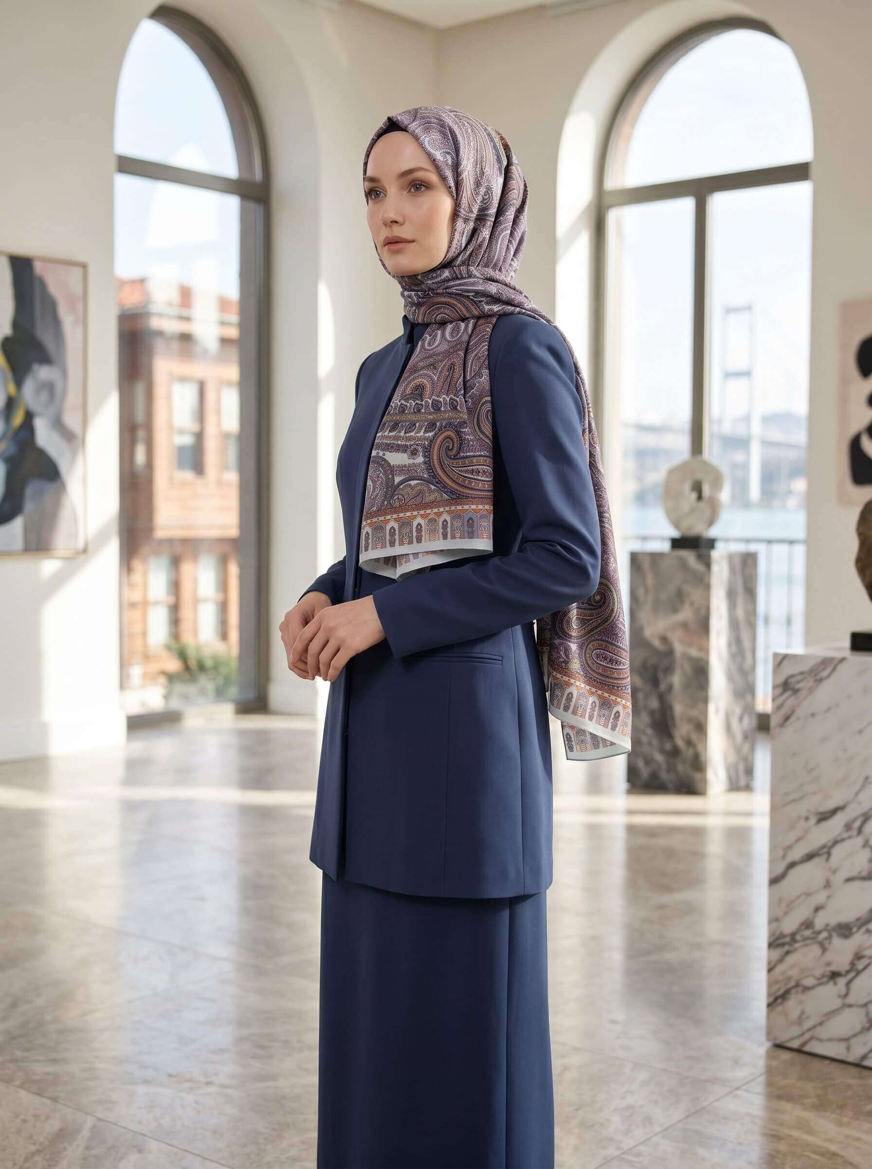 %100 Saf İpek Şal İnce Saten Vual Dokuma Etro Desenli Bebe Mavisi - Taba Renkli 90x210 Şal