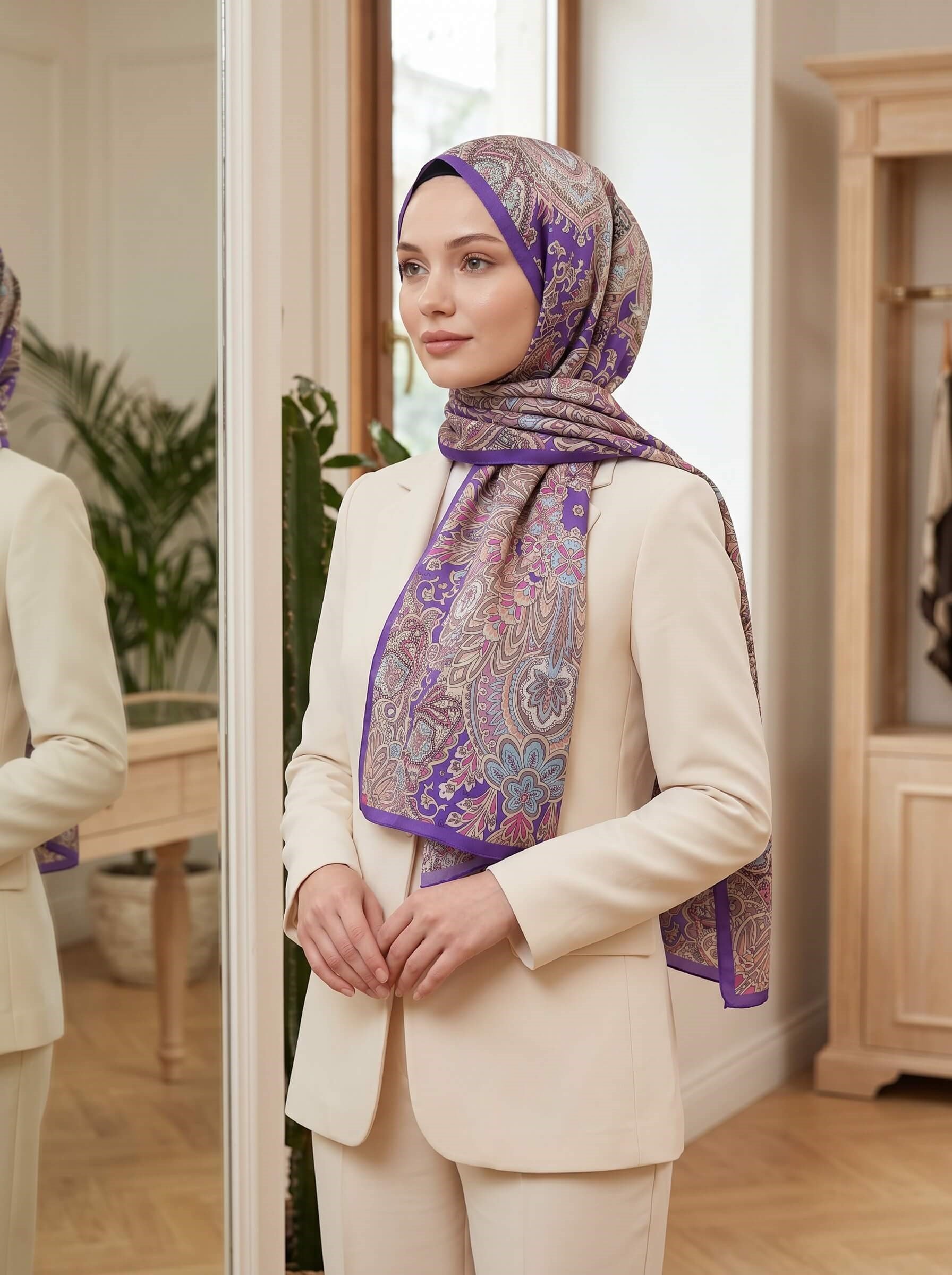 %100 Saf İpek Şal İnce Saten Vual Dokuma Etnik Desenli Mor - İndigo Renkli 90x210 Şal