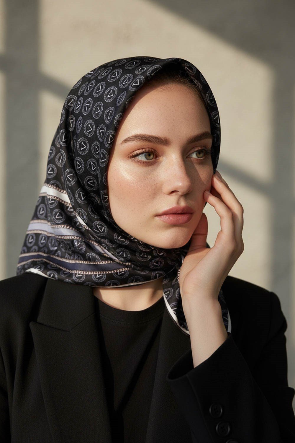 %100 Twill İpek Monogram Desenli Siyah - Gri Renkli 90x90 Eşarp Dikim Şekli : El Dikişi