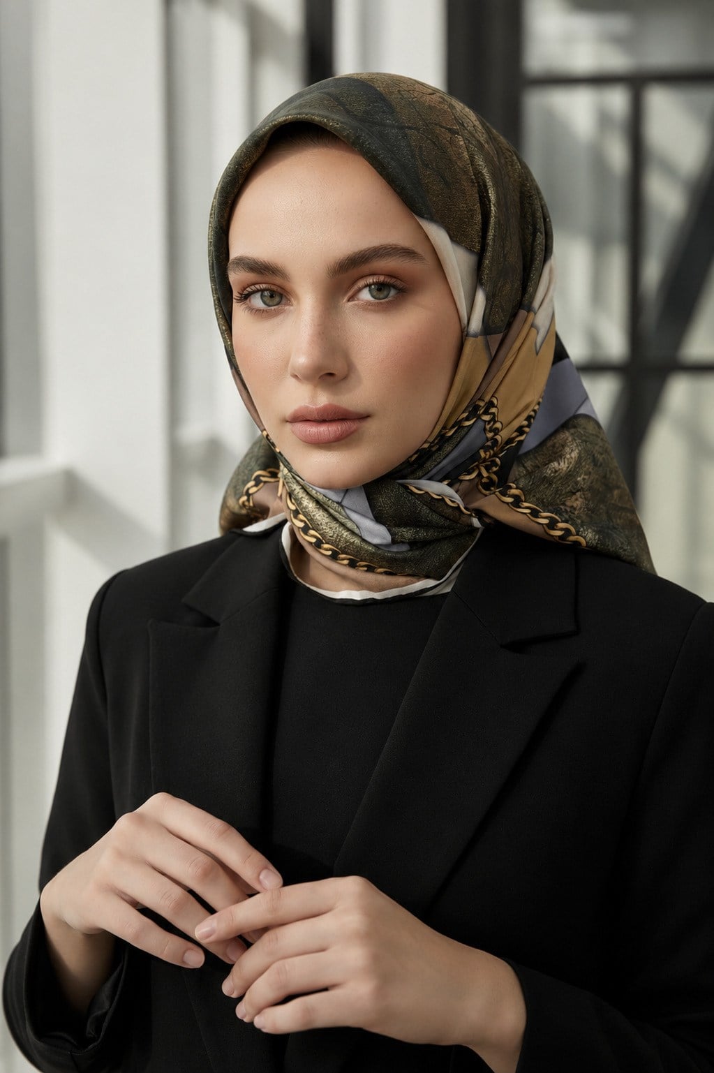 % 57 İPEK % 43 VİSKON Twill İpek Taş Efekti Desenli Gri - Siyah Renkli 90x90 Eşarp Dikim Şekli : El Dikişi