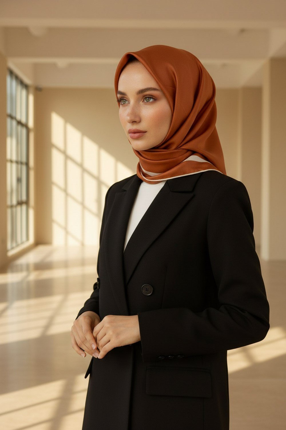 100% Twill İpek Düz Renk Bordür Desenli Taba - Krem Renkli Daha Tok Exclusive Serisi 90x90 Dikim Şekli : El Dikişi Eşarp