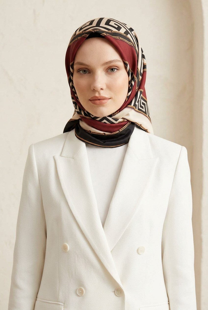 %100 Twill İpek Labirent Ve Geometrik Desenli Siyah - Bordo Renkli 90x90 Eşarp Dikim Şekli : El Dikişi