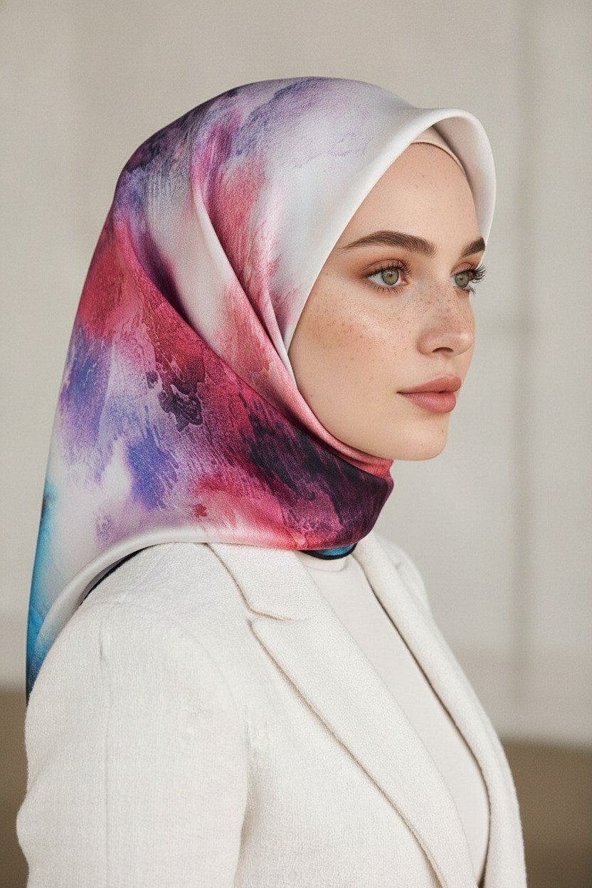 %100 Twill İpek Eşarp 90x90 Çok Renkli Soyut Sulu Boya Desenli El Dikişli Kadın Eşarp